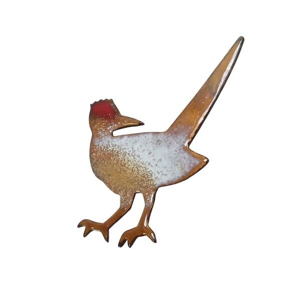 Enamel on Copper Bird Pin, Roadrunner Enameled Brooch, Unisex Lapel Pin 2.5" - Picture 1 of 8